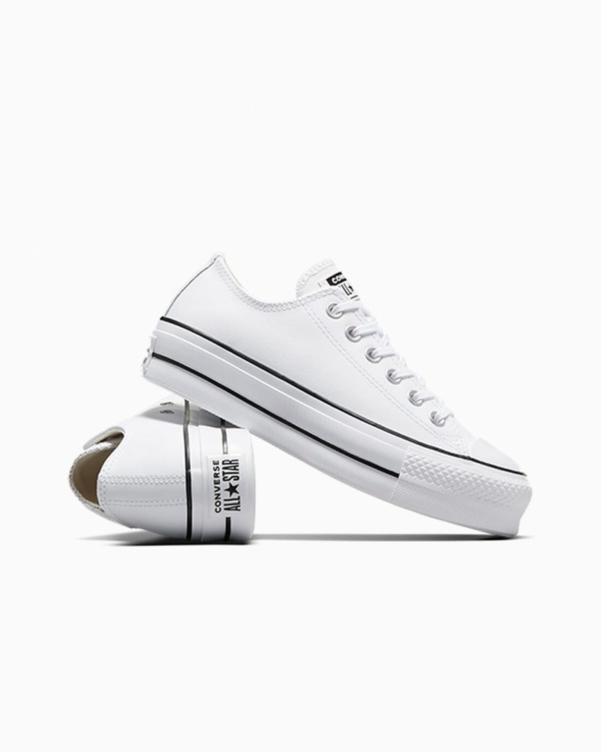 Pantofi Platforma Dama Converse Chuck Taylor All Star Lift Piele Low Top Albi Negrii Albi | RO P0JSH163